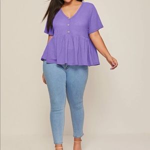NWOT: Purple, ruffle hem, waffle knit shirt with faux buttons
